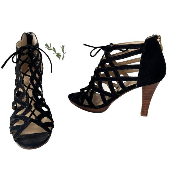 ADRIENNE VITTADINI Anjolie-1 Suede Strappy Web Heel Womens 8.5 Witchy Black - Picture 1 of 15
